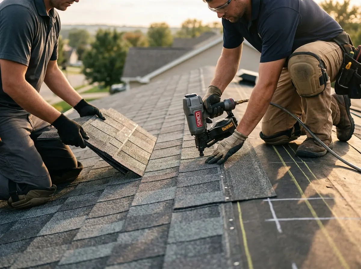 Professional roofer working on a residential roof in Hamlin